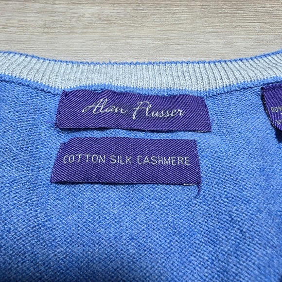 Alan Flusser Sweater Mens Medium Blue Cotton Silk Cashmere V-Neck Pullover Knit - Picture 4 of 10